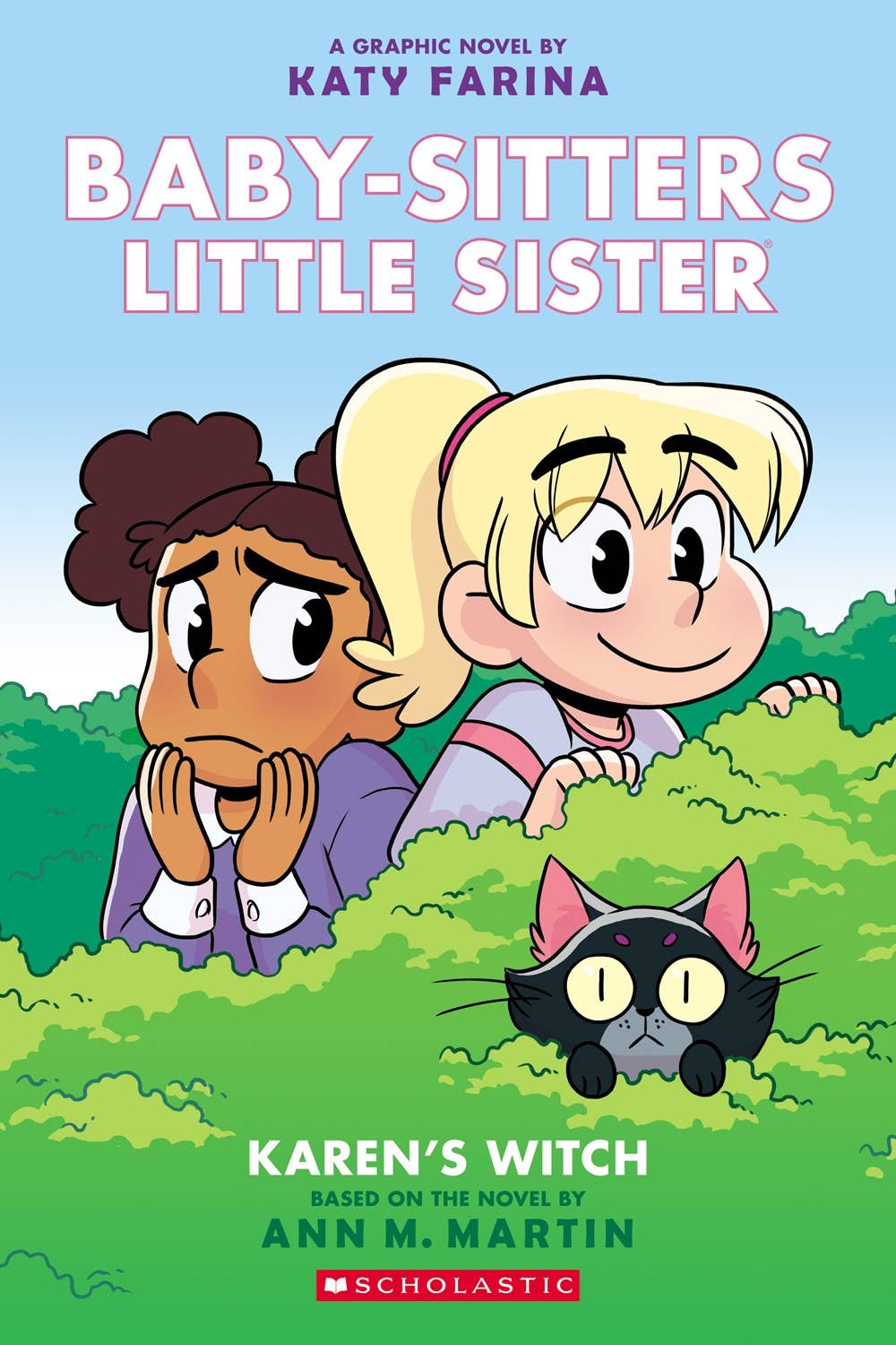 Cover of 'Baby-Sitters Little Sister: Karen's Witch' graphic novel with two characters and a cat in a grassy area.