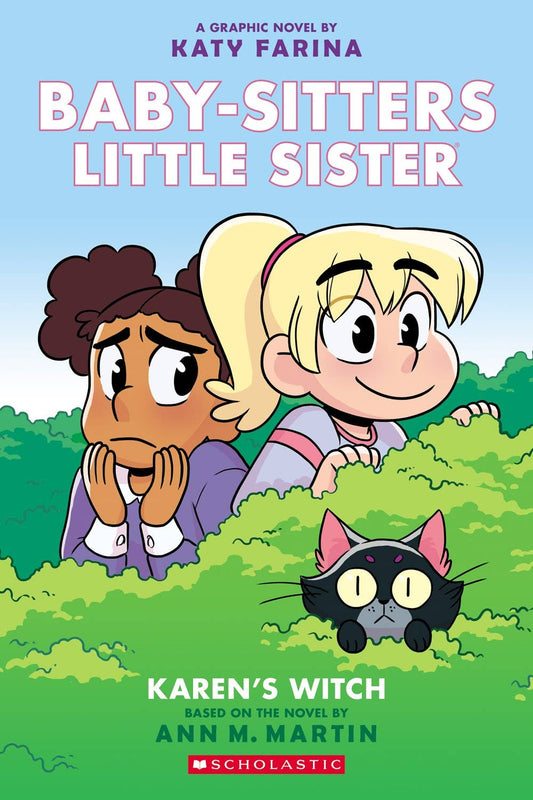 Cover of 'Baby-Sitters Little Sister: Karen's Witch' graphic novel with two characters and a cat in a grassy area.