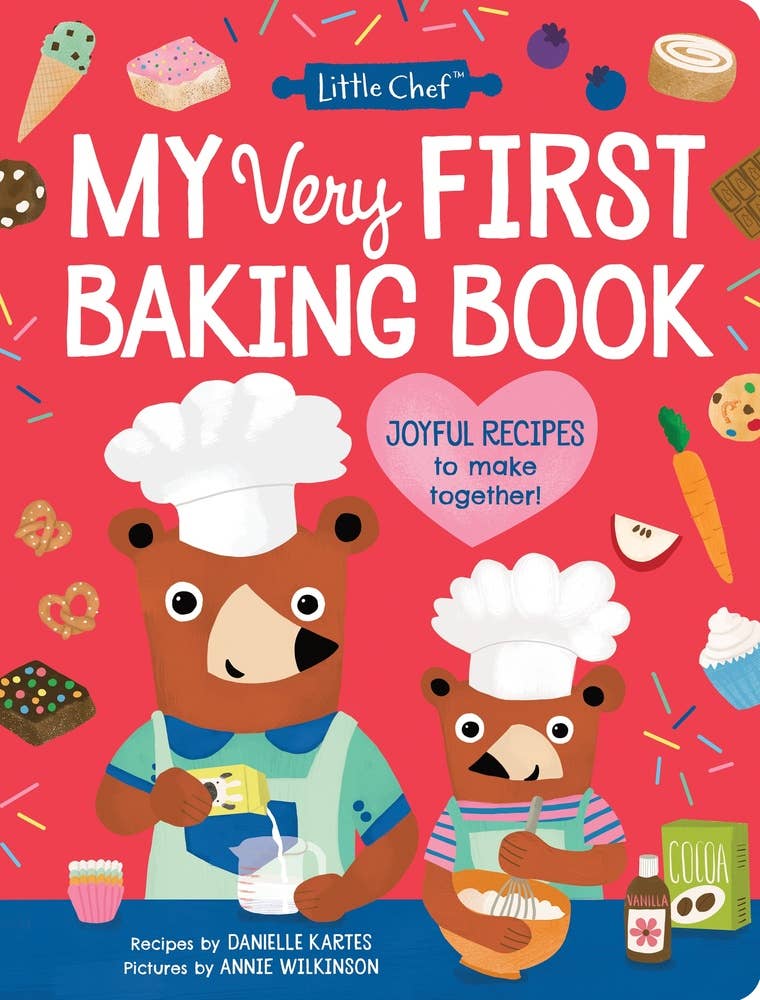 Book cover of 'My Very First Baking Book' with cartoon bears in chef hats on a red background.