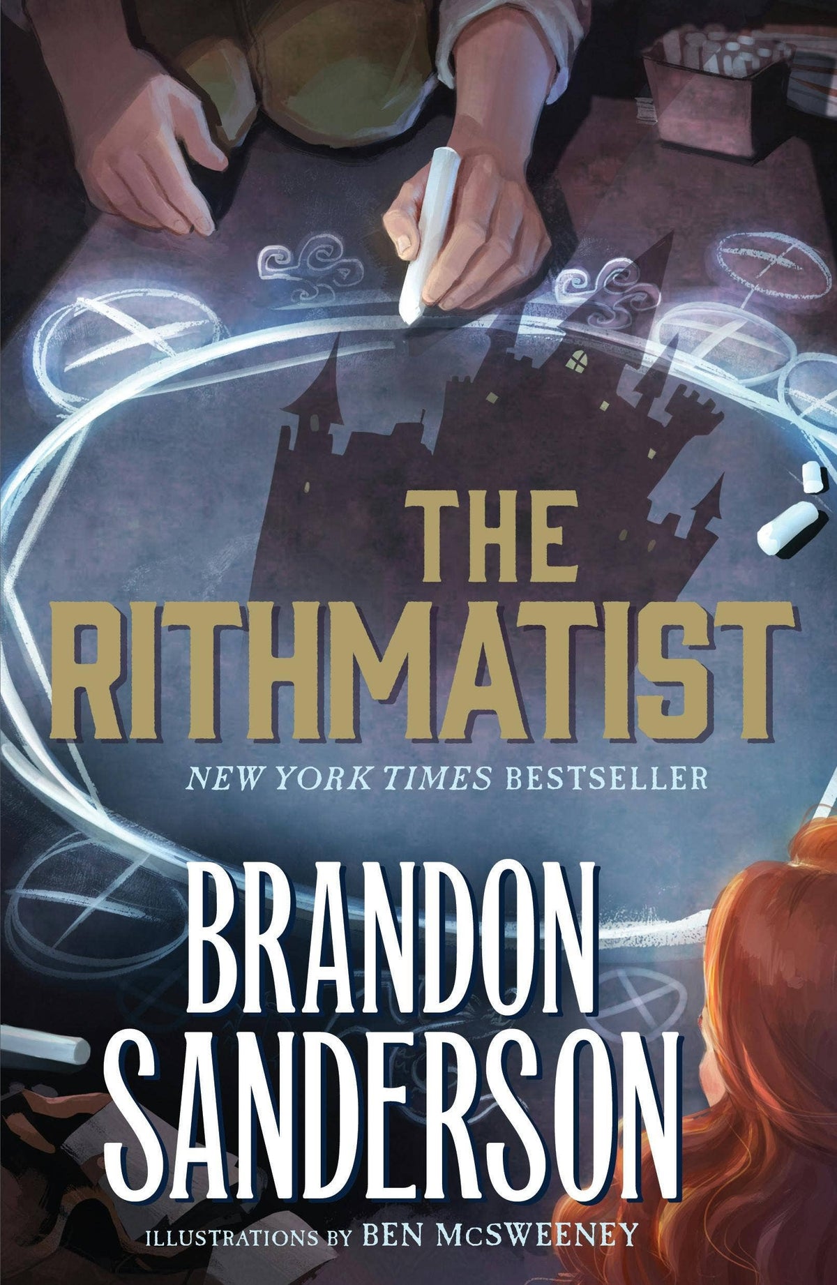 Book cover of 'The Rithmatist' by Brandon Sanderson with a person drawing on a table.