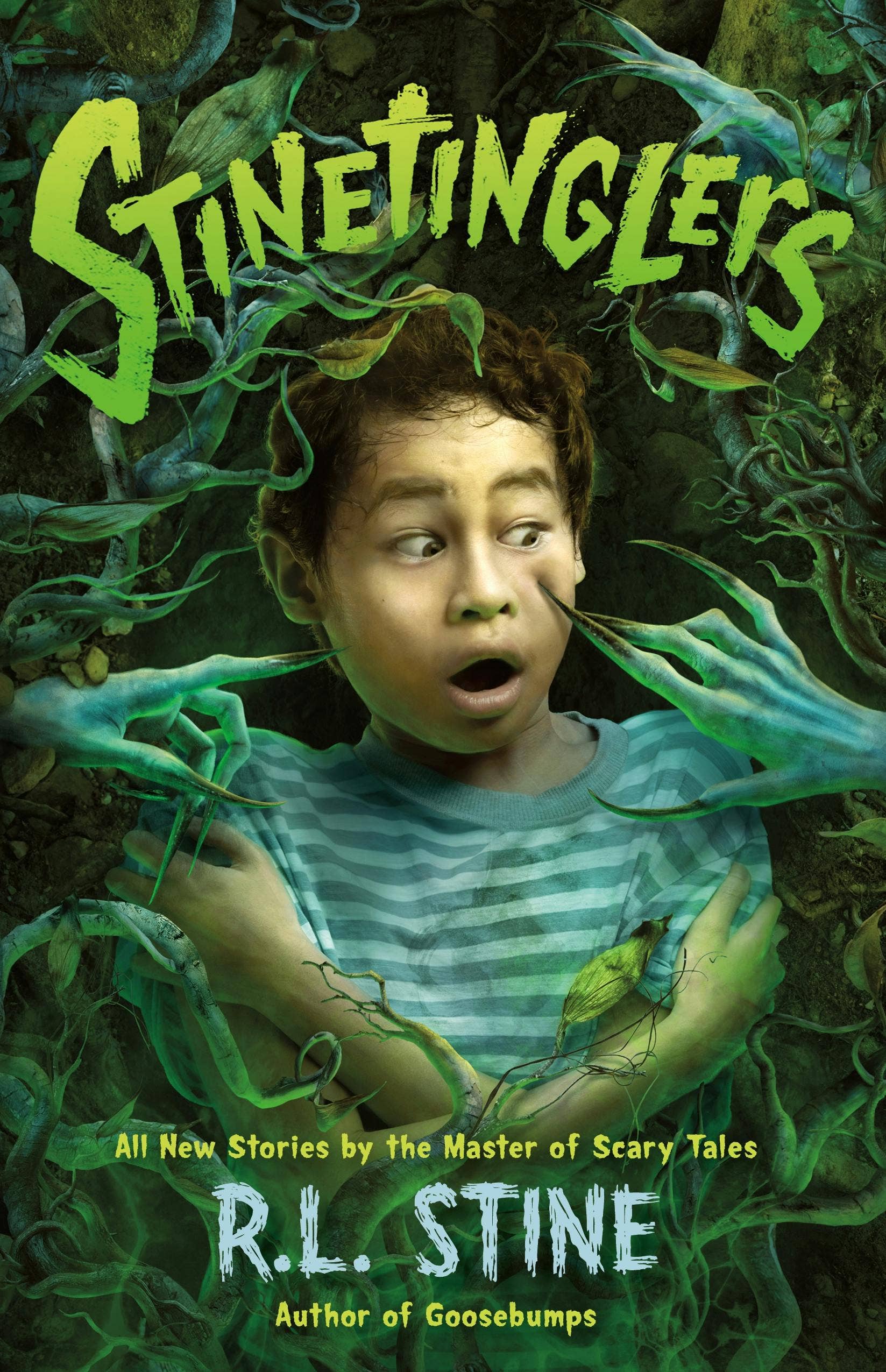 Book cover of 'Stinetingleys' by R.L. Stine featuring a child surrounded by green foliage.