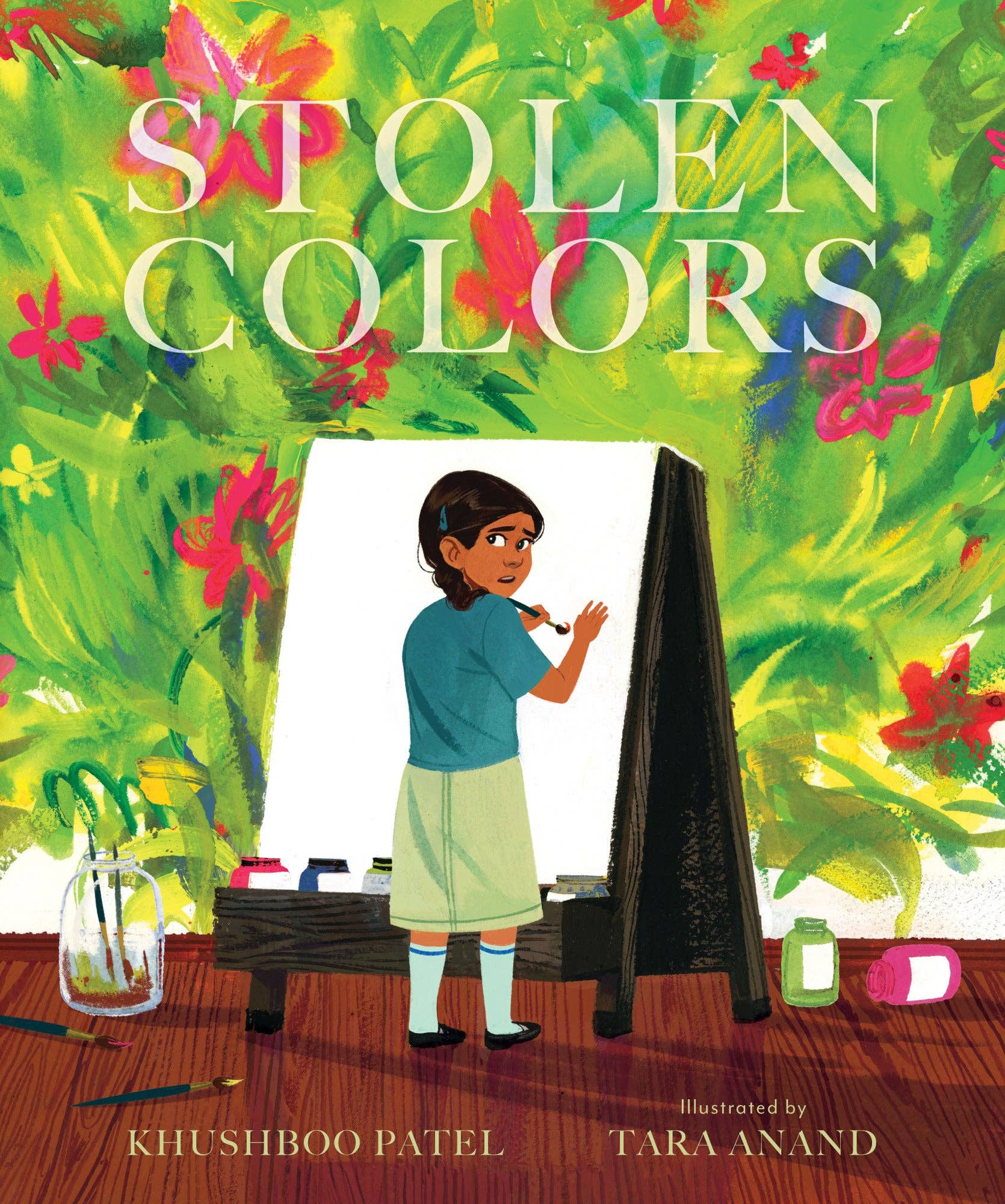 Book cover of 'Stolen Colors' with a child painting against a colorful floral background.