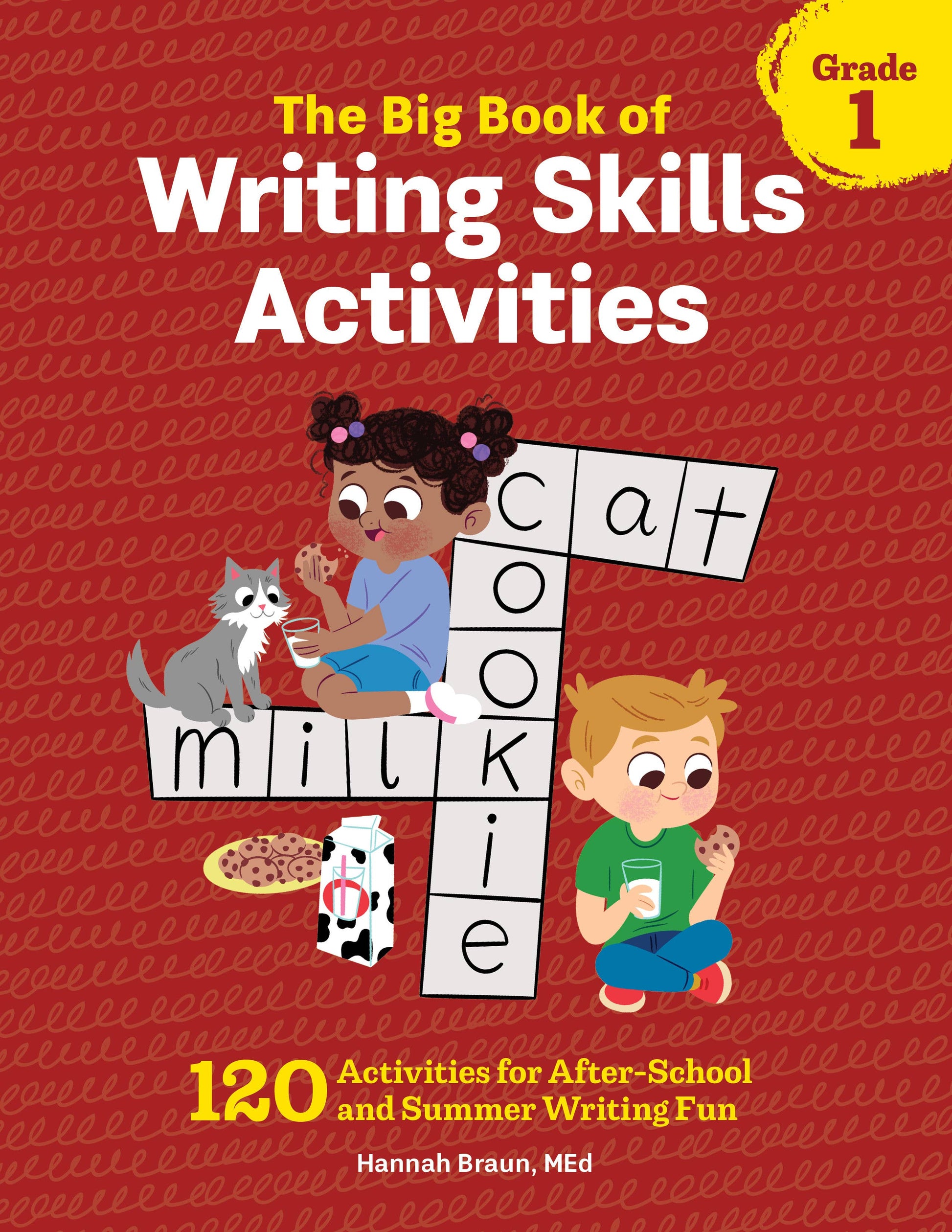 Book cover of 'The Big Book of Writing Skills Activities' for Grade 1 with children and a dog on a red background.
