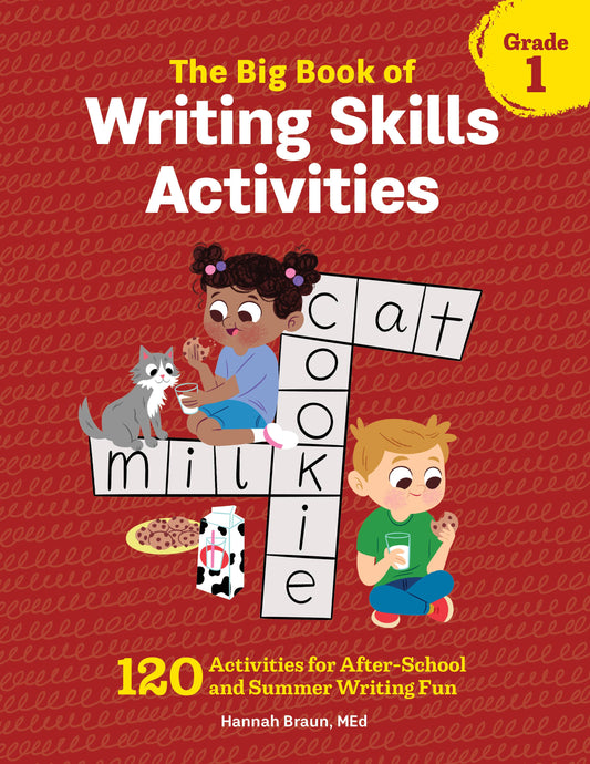 Book cover of 'The Big Book of Writing Skills Activities' for Grade 1 with children and a dog on a red background.